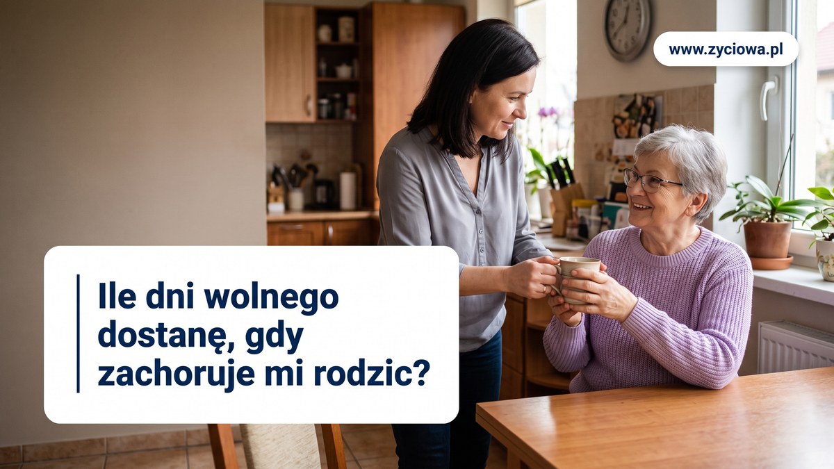 Dorosła córka podaje kubek herbaty uśmiechniętej starszej mamie w liliowym swetrze, siedzącej przy kuchennym stole.