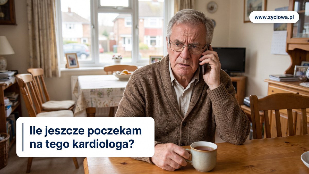 Starszy mężczyzna przy stole w jadalni rozmawia przez telefon ze zniecierpliwioną miną