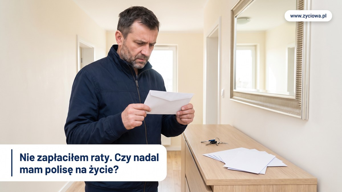 Mężczyzna w kurtce stoi w przedpokoju przy komodzie i ogląda białą kopertę; hasło: Nie zapłaciłem raty. Czy nadal mam polisę na życie?