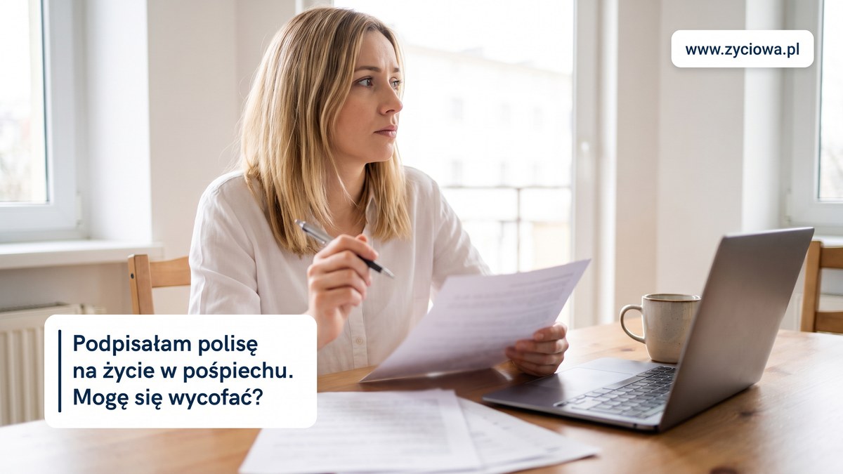 Młoda kobieta z długopisem nad dokumentem waha się, obok laptop i kubek; hasło: Podpisałam polisę na życie w pośpiechu. Mogę się wycofać?