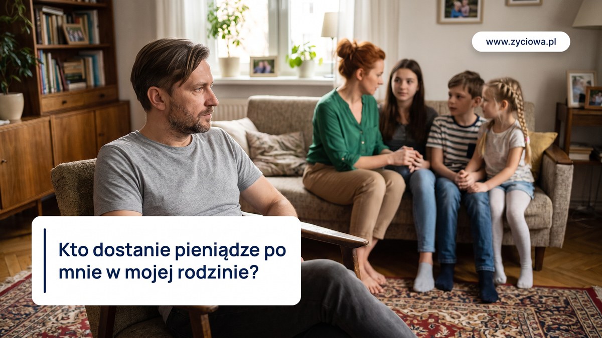 Mezczyzna siedzi zamyslony w fotelu, w tle kobieta i troje dzieci rozmawiaja na kanapie.