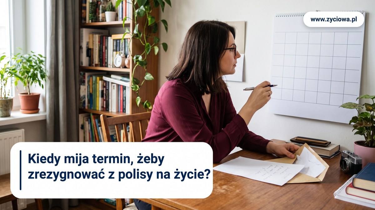 Kobieta przy biurku patrzy na pusty ścienny kalendarz, w dłoni długopis, obok koperta