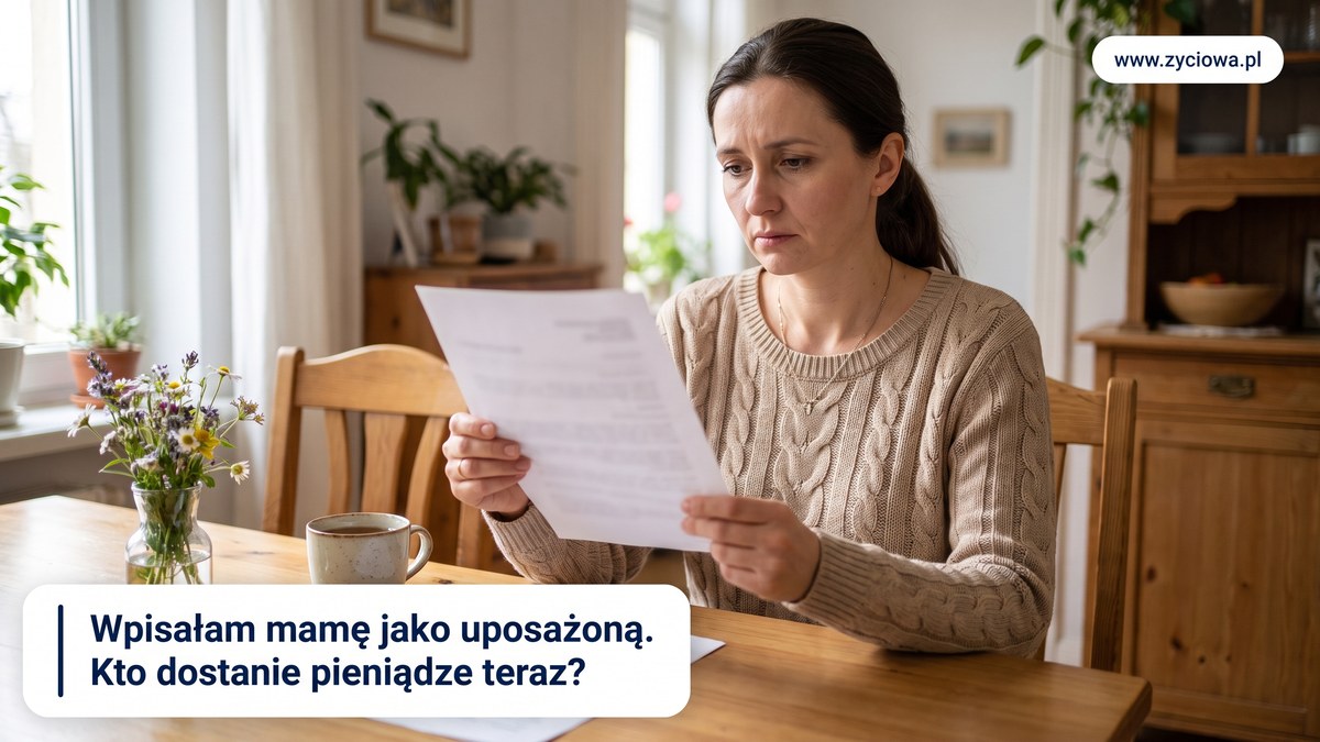 Kobieta w beżowym swetrze czyta zamyślona dokument przy stole, obok kwiaty i herbata; hasło: Wpisałam mamę jako uposażoną. Kto dostanie pieniądze teraz?