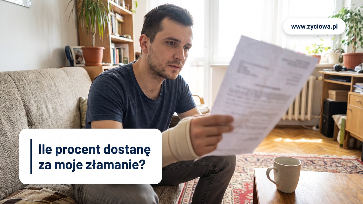 Młody mężczyzna z przedramieniem w ortezie czyta dokument na kanapie; hasło: Ile procent dostanę za moje złamanie?
