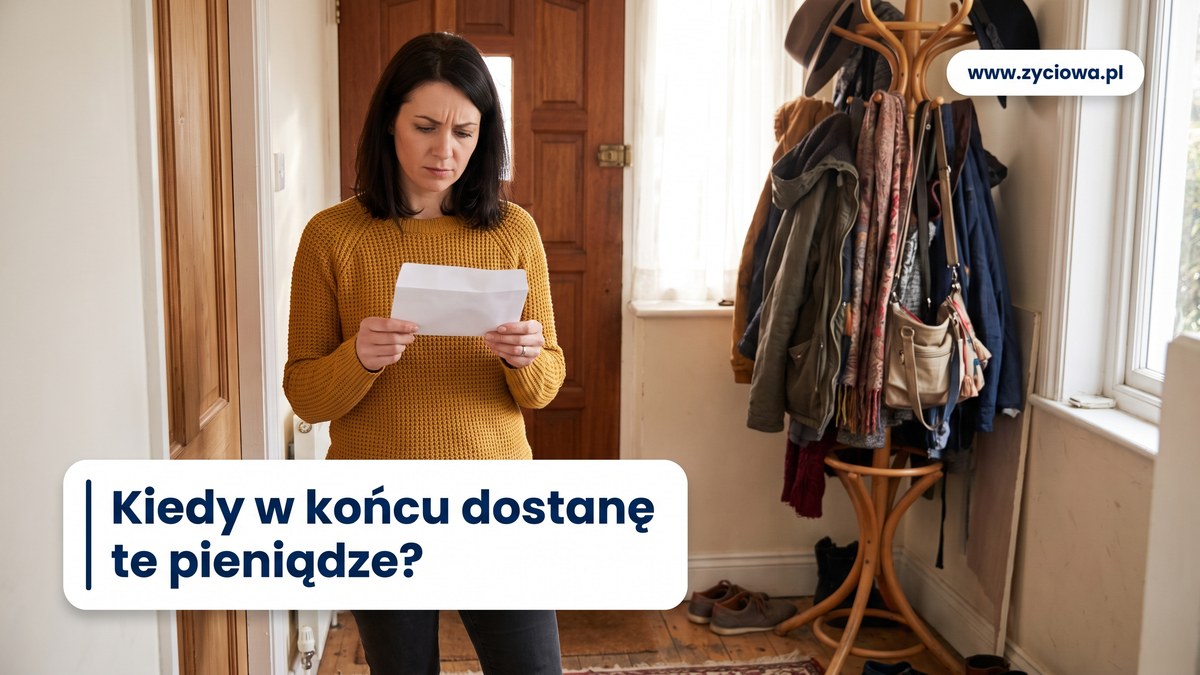 Kobieta w musztardowym swetrze stoi w przedpokoju i z niecierpliwością ogląda trzymaną w dłoniach kopertę.