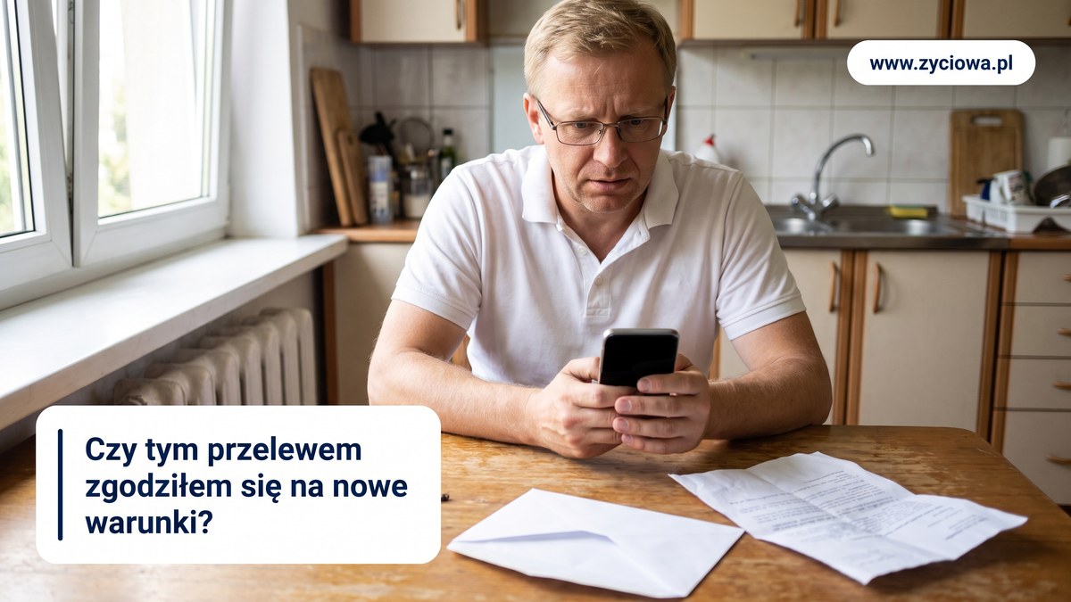 Mężczyzna w okularach siedzi w kuchni ze smartfonem, na stole otwarta koperta i list; hasło: Czy tym przelewem zgodziłem się na nowe warunki?