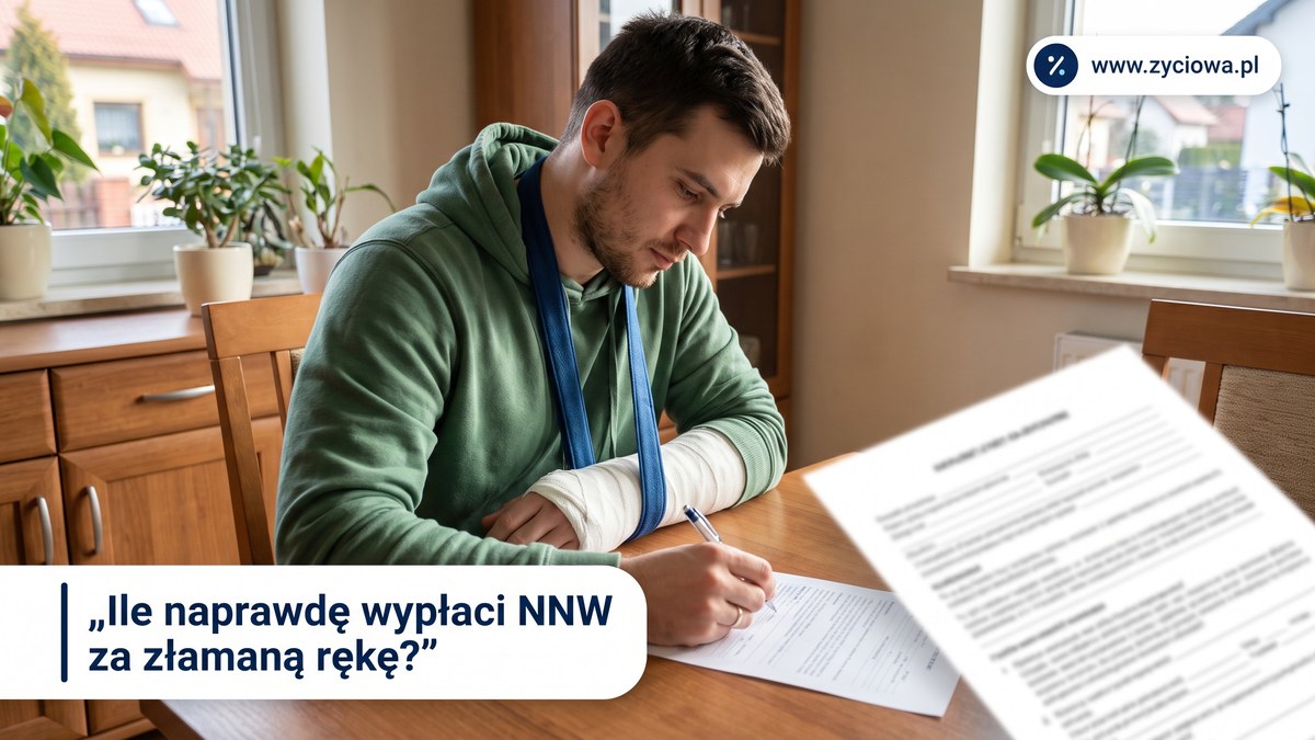 Młody mężczyzna z ręką w gipsie wypełnia formularz zgłoszenia szkody przy stole