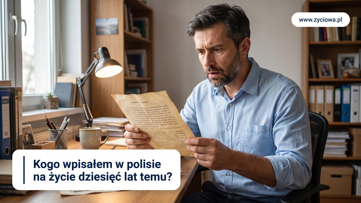 Mężczyzna przy biurku ogląda z zaskoczeniem starą, pożółkłą kartkę dokumentu; hasło: Kogo wpisałem w polisie na życie dziesięć lat temu?